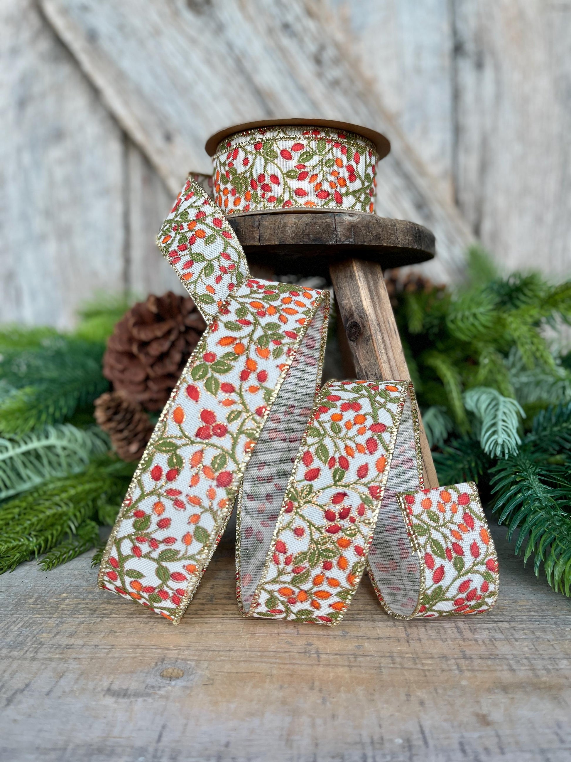 1.5" Fall Berry Ribbon, Fall Ribbon, Wired Ribbon, Orange Berry Ribbon, Autumn Ribbon