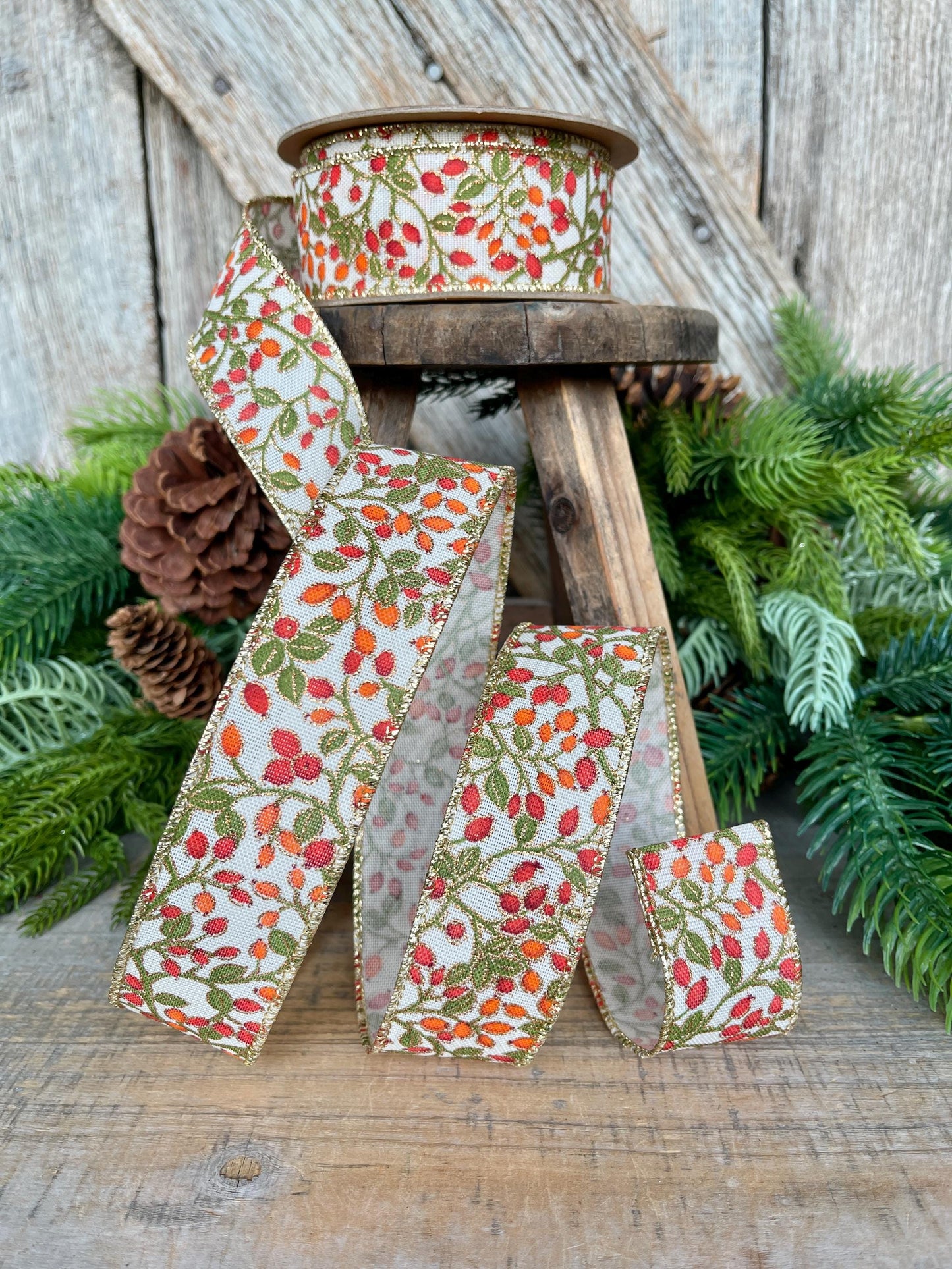 1.5" Fall Berry Ribbon, Fall Ribbon, Wired Ribbon, Orange Berry Ribbon, Autumn Ribbon