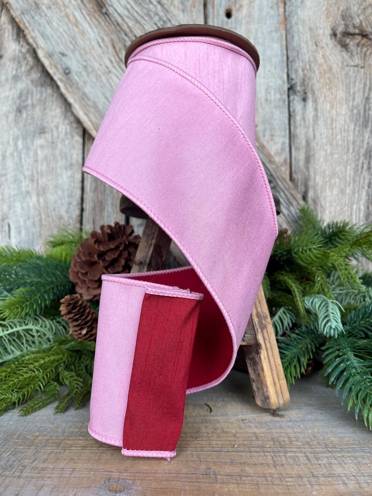 4" Pink & Red Ribbon, Doublesided ribbon, Christmas Ribbon, Light Pink Ribbon, Wired RIbbon, Pink Red Ribbon