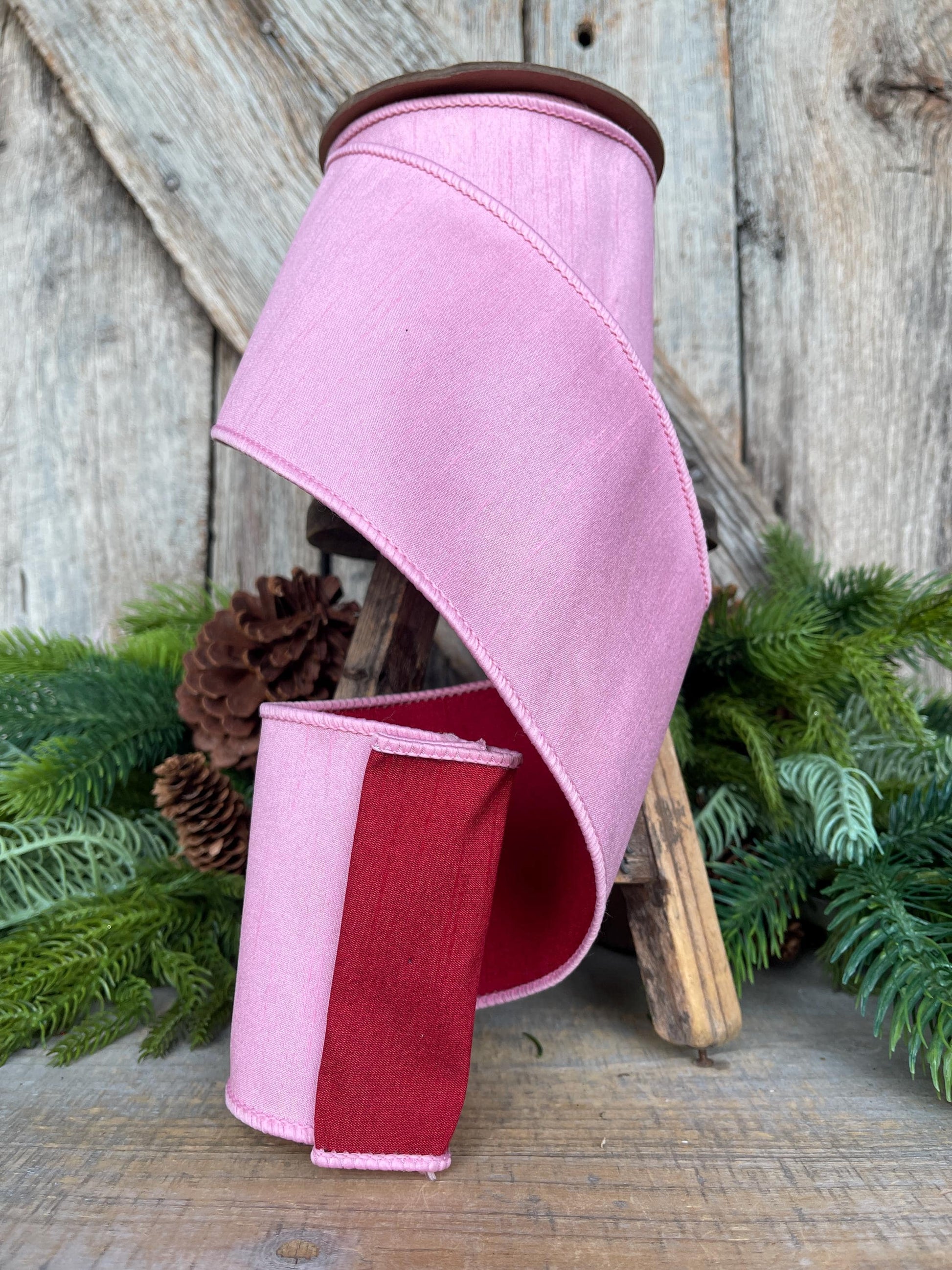 4" Pink & Red Ribbon, Doublesided ribbon, Christmas Ribbon, Light Pink Ribbon, Wired RIbbon, Pink Red Ribbon
