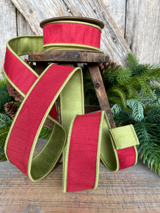 1.5" Red Green Dupion Ribbon, Christmas Ribbon, Double Sided Ribbon