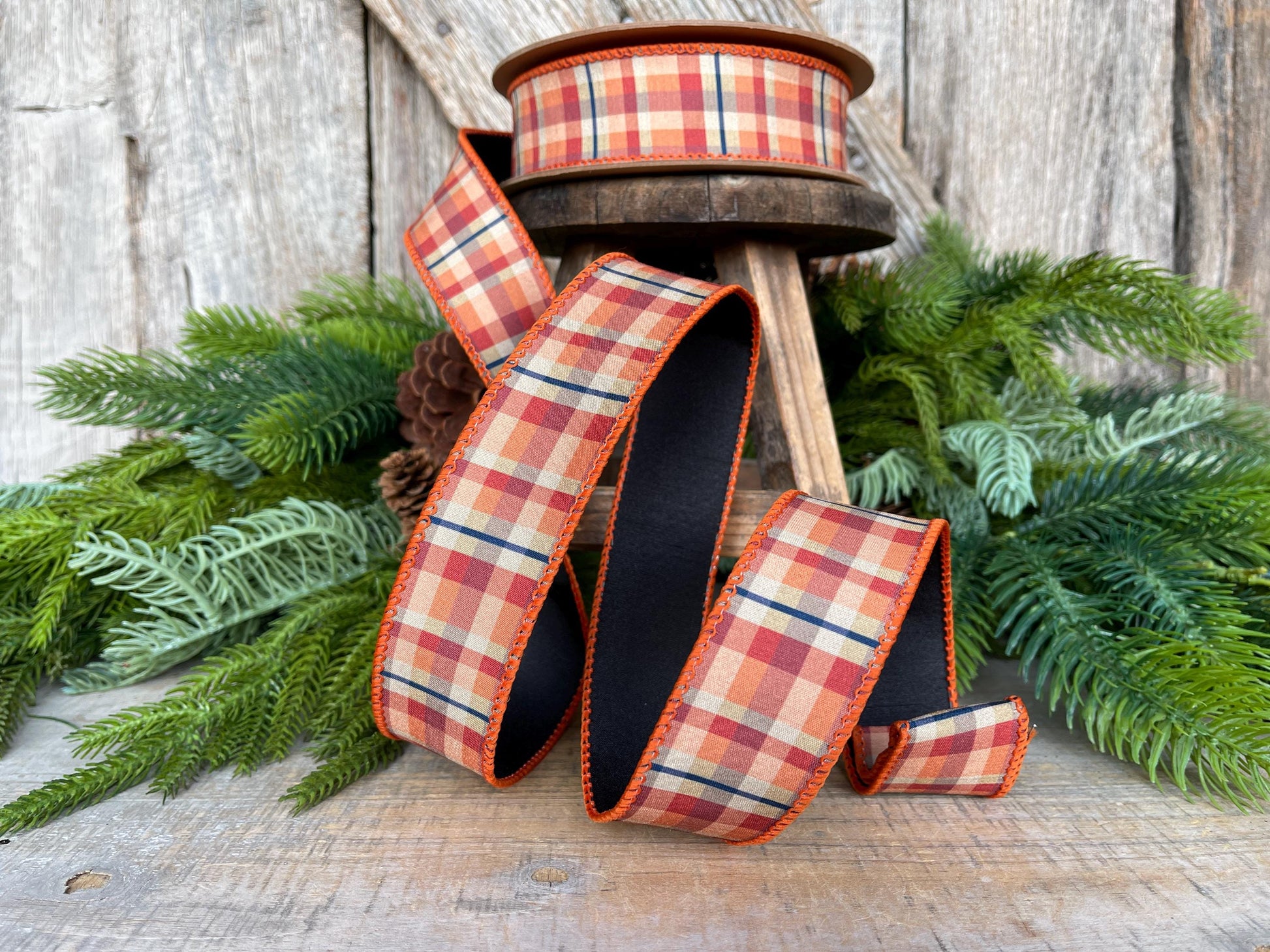 1.5" Fall Plaid Ribbon, Orange Plaid ribbon, Fall Ribbon, Wired Ribbon, Autumn Decor Ribbon