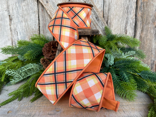 2.5" Candy Corn Plaid Ribbon, Halloween Ribbon, Halloween Plaid Ribbon, Wired Ribbon, Orange Black White Plaid Ribbon