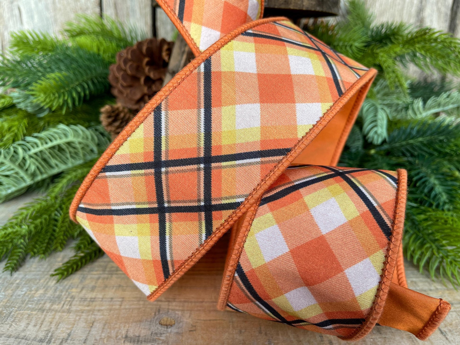 2.5" Candy Corn Plaid Ribbon, Halloween Ribbon, Halloween Plaid Ribbon, Wired Ribbon, Orange Black White Plaid Ribbon