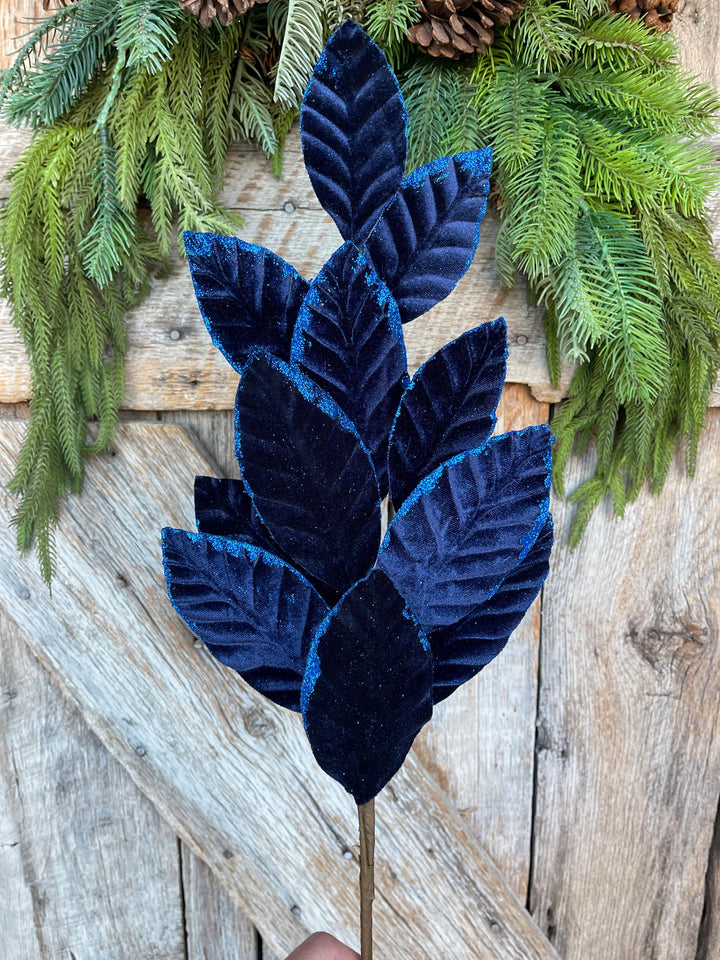 25" Navy Blue Leaf Spray, Blue Velvet Leaf Spray, Christmas Picks Stems