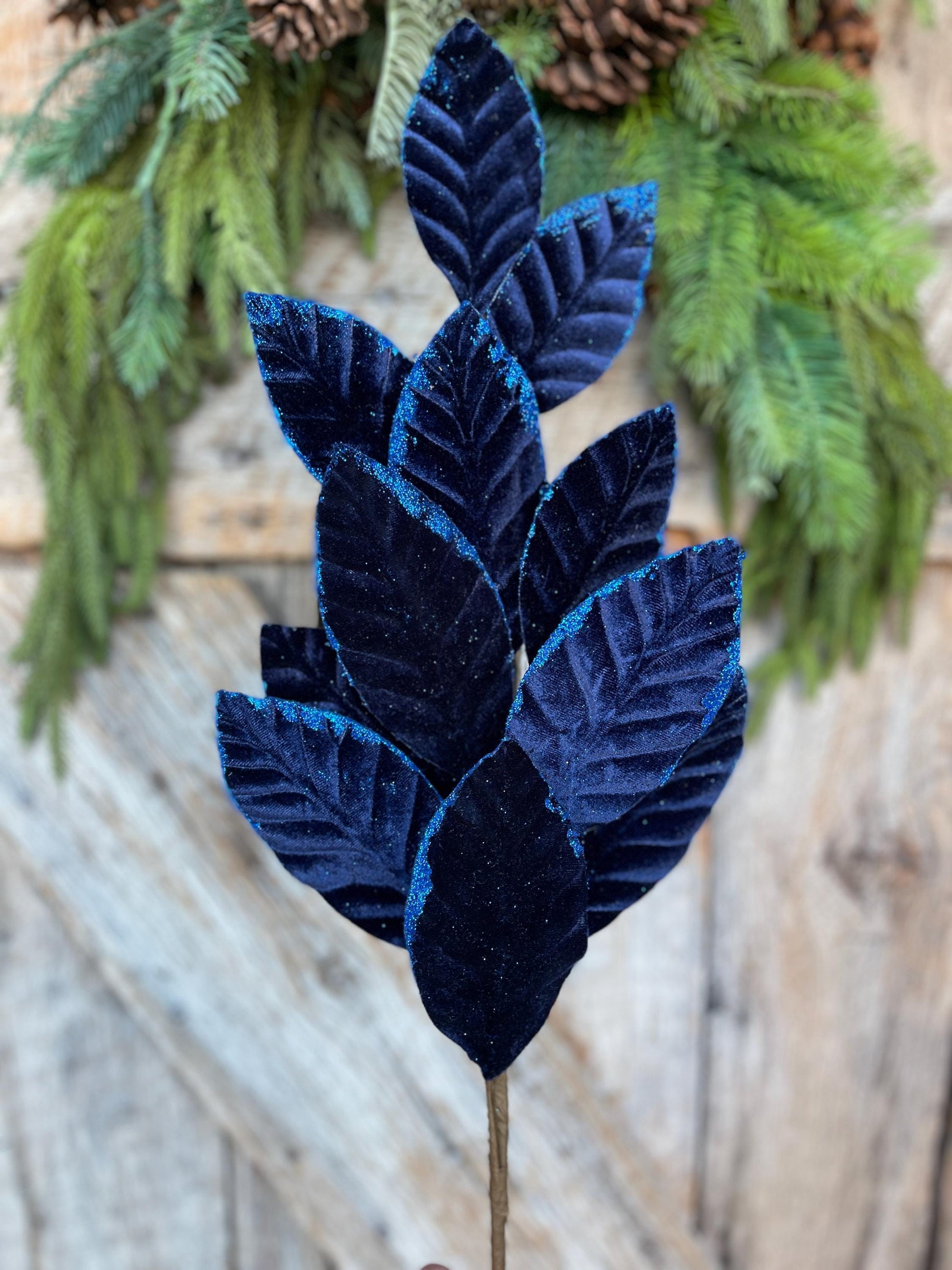25" Navy Blue Leaf Spray, Blue Velvet Leaf Spray, Christmas Picks Stems, Christmas Tree Picks, 85361NVBL