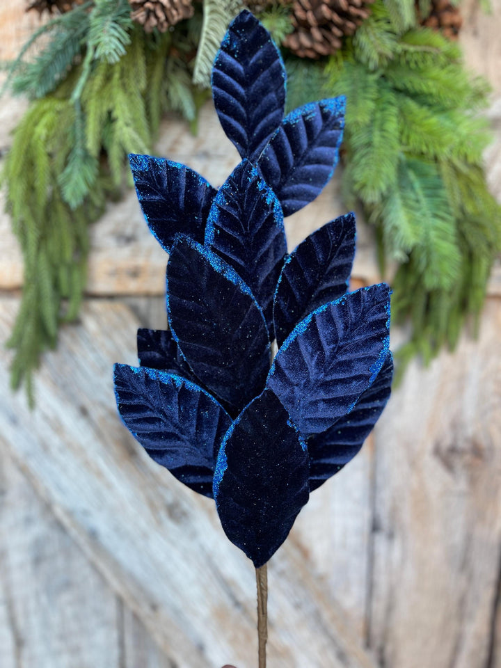 25" Navy Blue Leaf Spray, Blue Velvet Leaf Spray, Christmas Picks Stems
