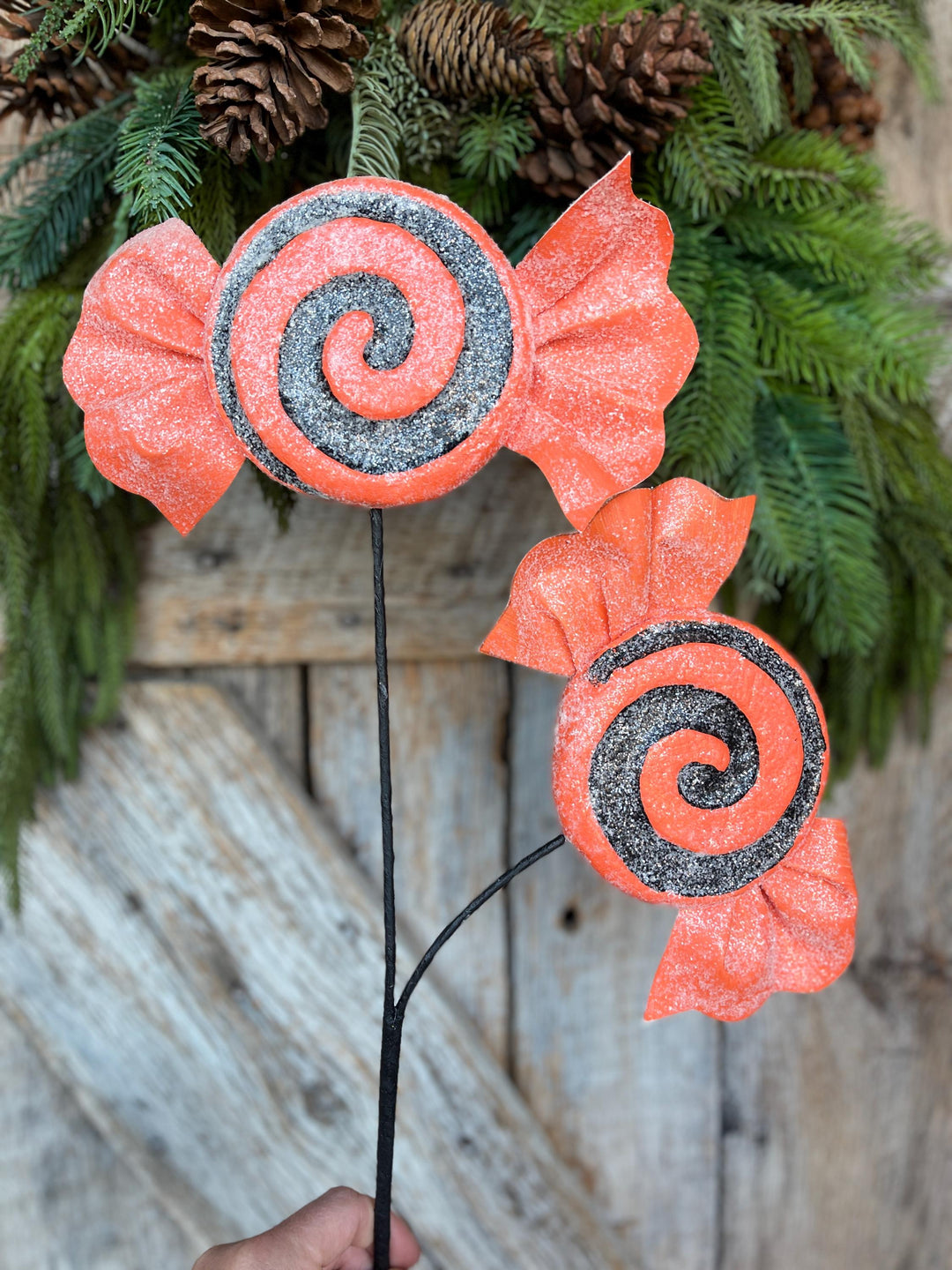 Orange Halloween Candy Lollipop Floral Pick: Orange &amp; Black Candy Spray, 28 inches