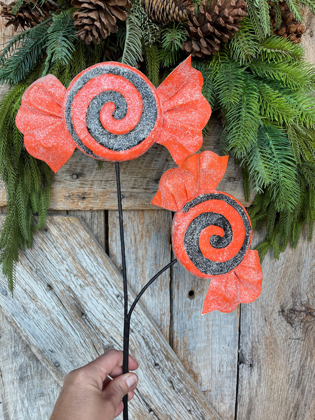 Orange Halloween Candy Lollipop Floral Pick: Orange &amp; Black Candy Spray, 28 inches
