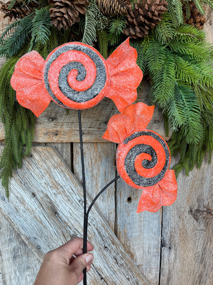 Orange Halloween Candy Lollipop Floral Pick: Orange &amp; Black Candy Spray, 28 inches
