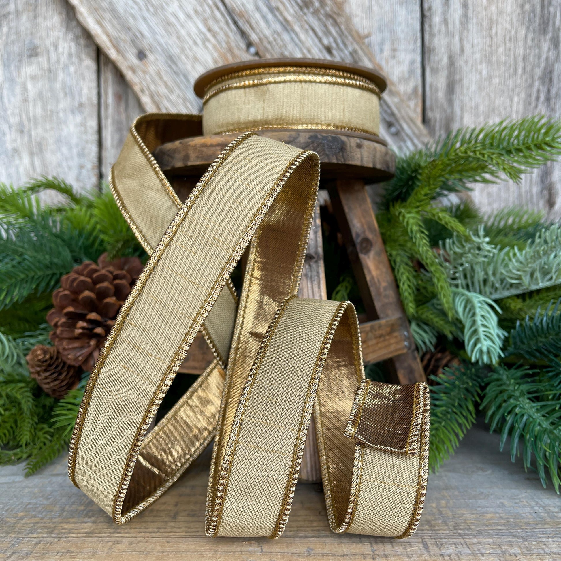 1" Gold Ribbon, Gold Christmas Ribbon, Wired Ribbon, Gold Bronze Ribbon, Wired Ribbon, Gold Ribbon