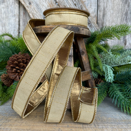 1" Gold Ribbon, Gold Christmas Ribbon, Wired Ribbon, Gold Bronze Ribbon, Wired Ribbon, Gold Ribbon
