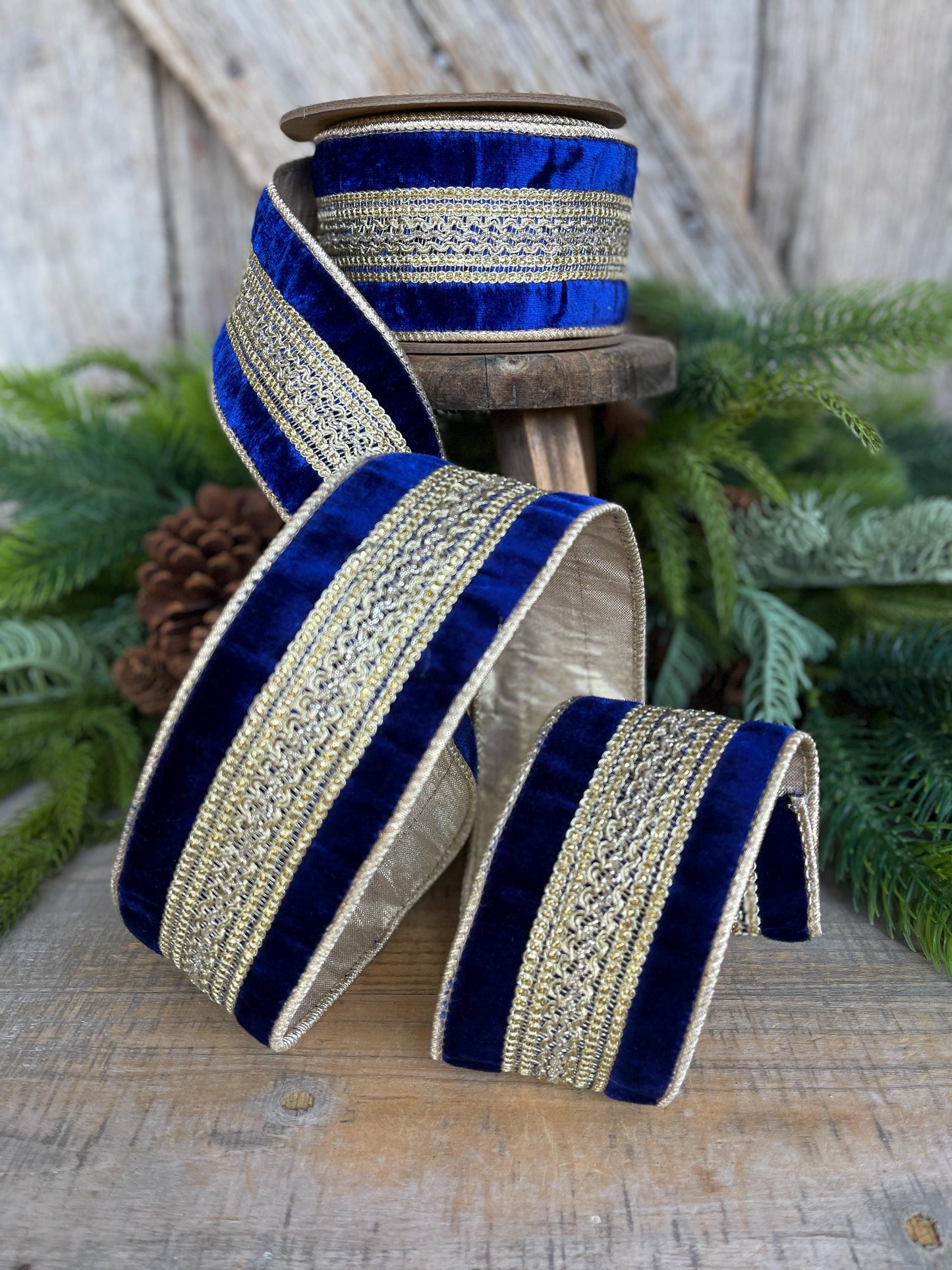 2.5" Blue and Gold Trim Ribbon, Royal Blue Ribbon, Wired Ribbon