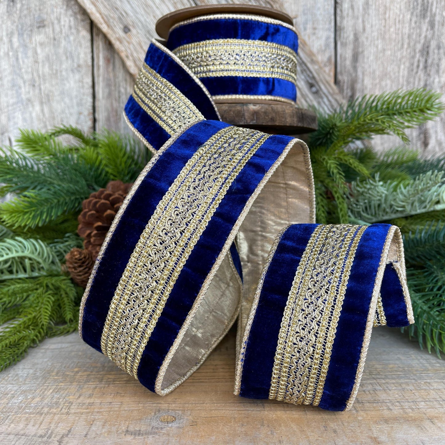 2.5" Blue and Gold Trim Ribbon, Royal Blue Ribbon, Wired Ribbon