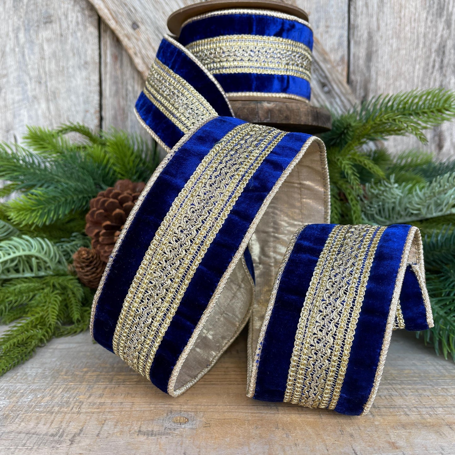 2.5" Blue and Gold Trim Ribbon, Royal Blue Ribbon, Wired Ribbon