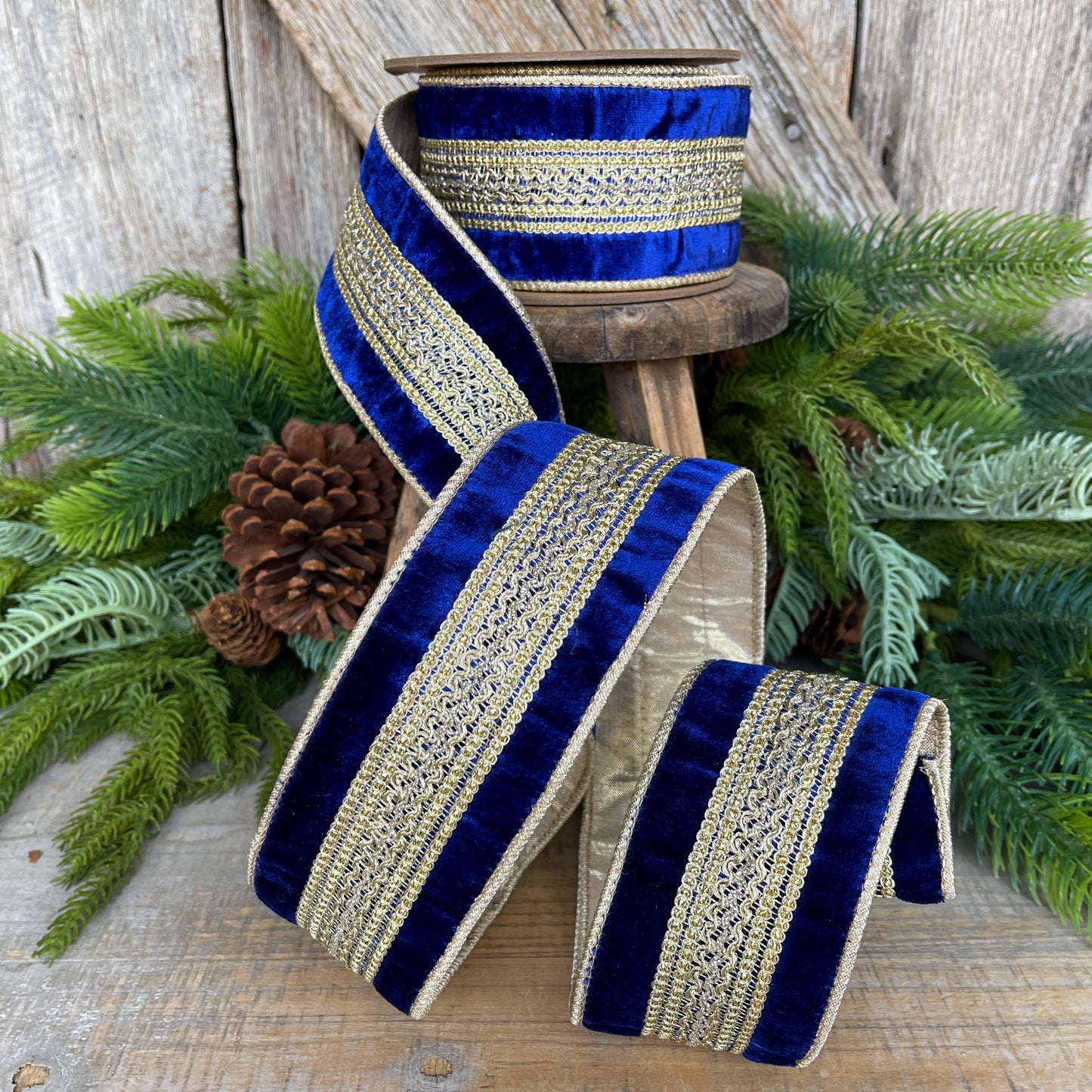 2.5" Blue and Gold Trim Ribbon, Royal Blue Ribbon, Wired Ribbon