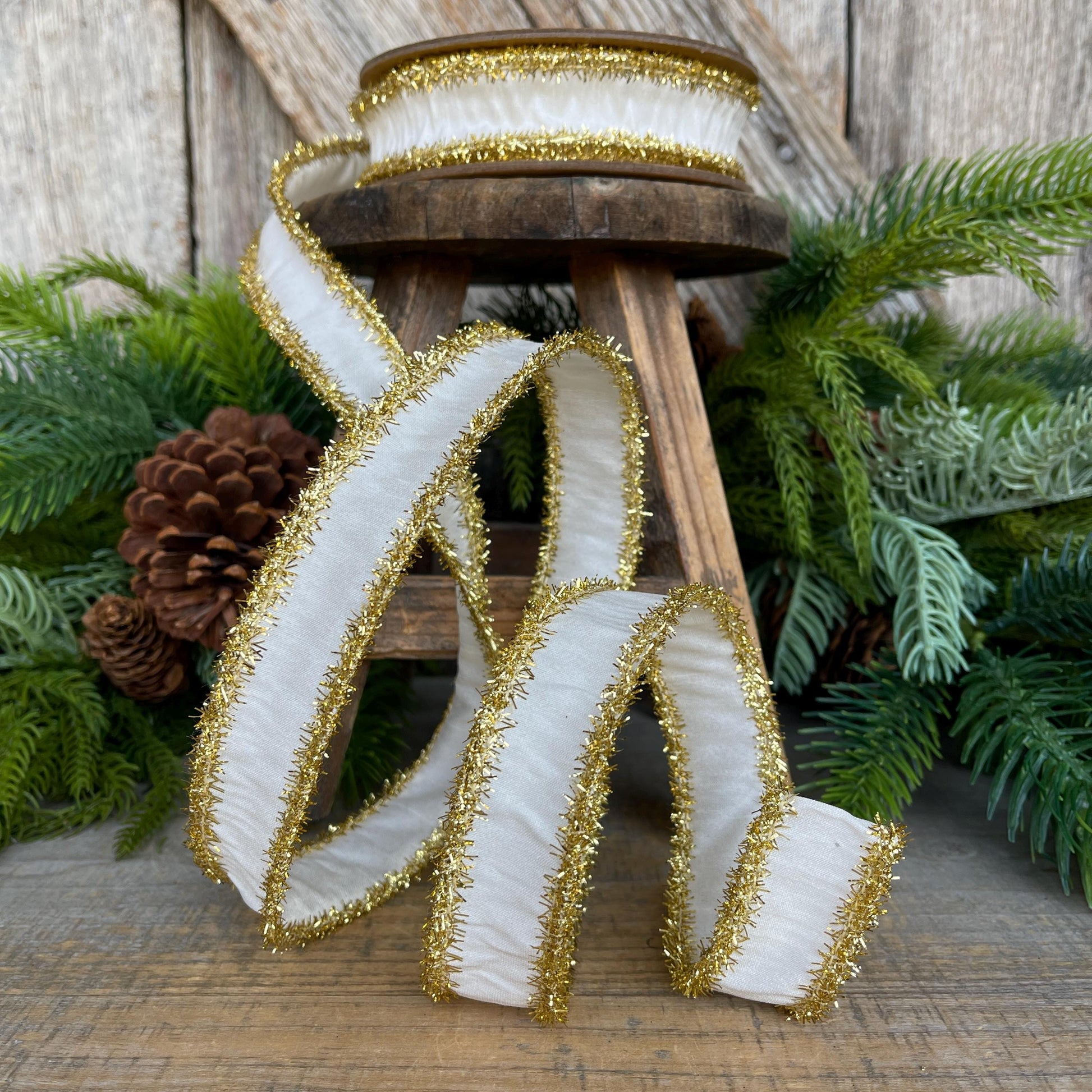 1" Ivory Gold Ribbon, Ivory & Gold Tinsel Ribbon, Christmas RIbbon, Ivory Ribbon, Designer Ribbon,Gift Wrap Ribbon