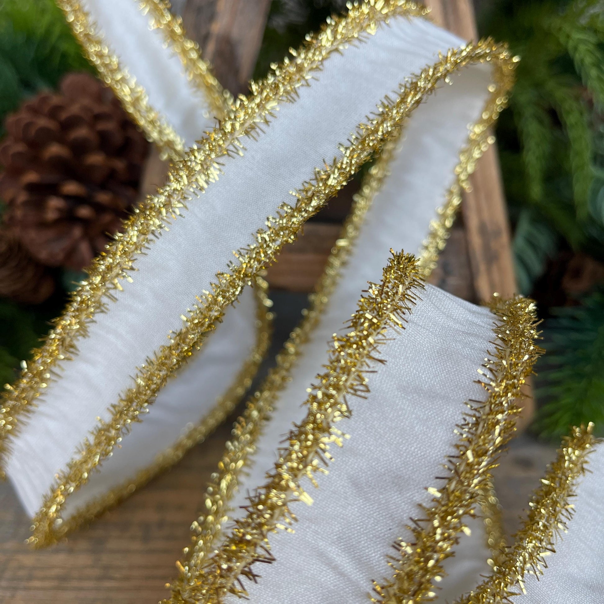 1" Ivory Gold Ribbon, Ivory & Gold Tinsel Ribbon, Christmas RIbbon, Ivory Ribbon, Designer Ribbon,Gift Wrap Ribbon