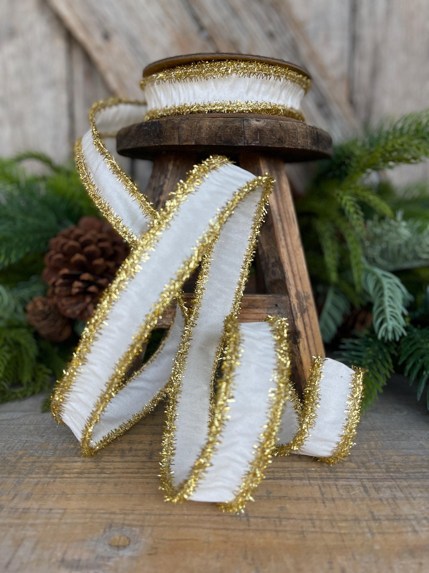 1" Ivory Gold Ribbon, Ivory & Gold Tinsel Ribbon, Christmas RIbbon, Ivory Ribbon, Designer Ribbon,Gift Wrap Ribbon