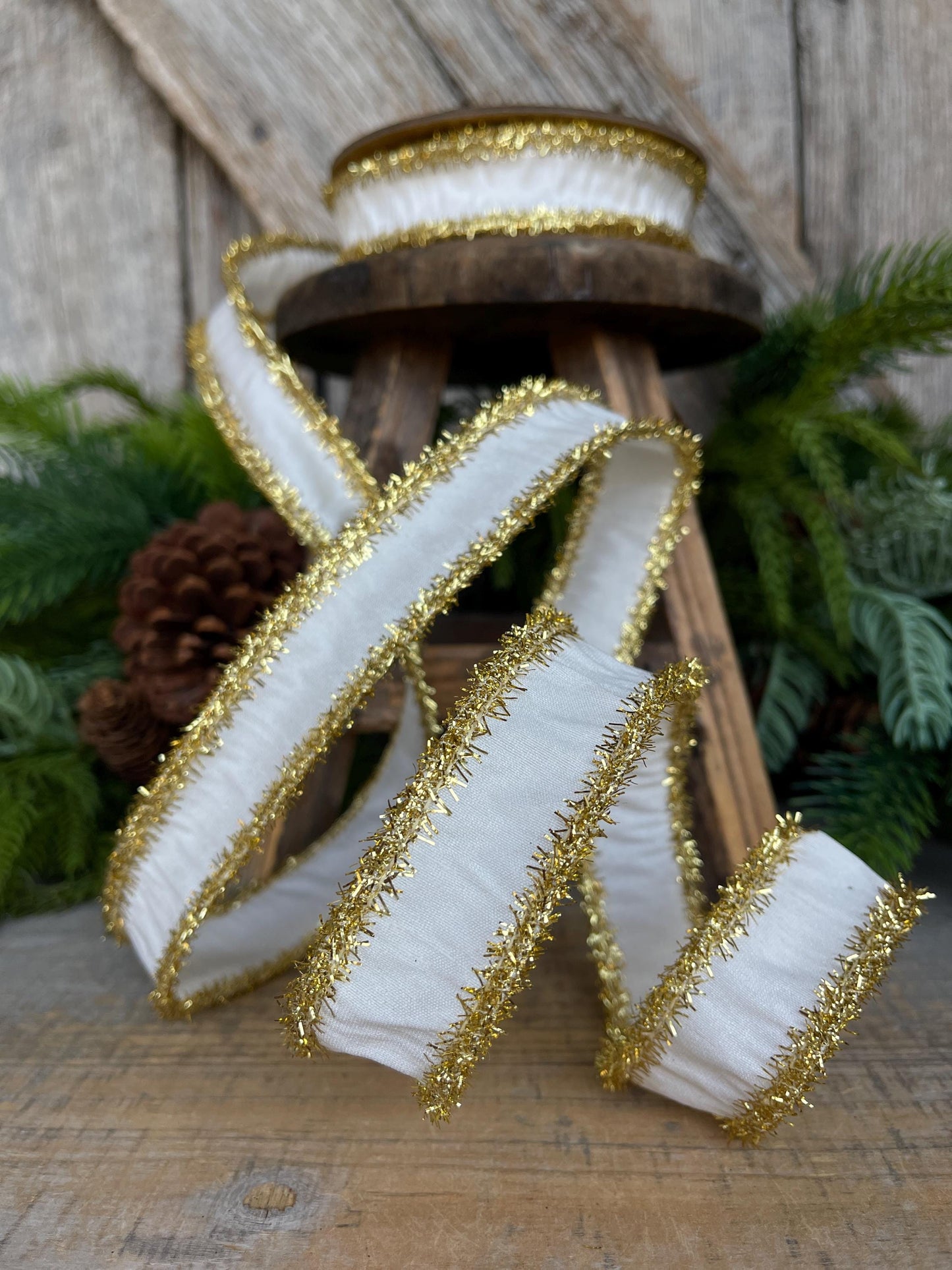 1" Ivory Gold Ribbon, Ivory & Gold Tinsel Ribbon, Christmas RIbbon, Ivory Ribbon, Designer Ribbon,Gift Wrap Ribbon