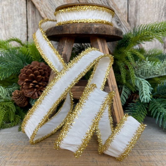 1" Ivory Gold Ribbon, Ivory & Gold Tinsel Ribbon, Christmas RIbbon, Ivory Ribbon, Designer Ribbon,Gift Wrap Ribbon