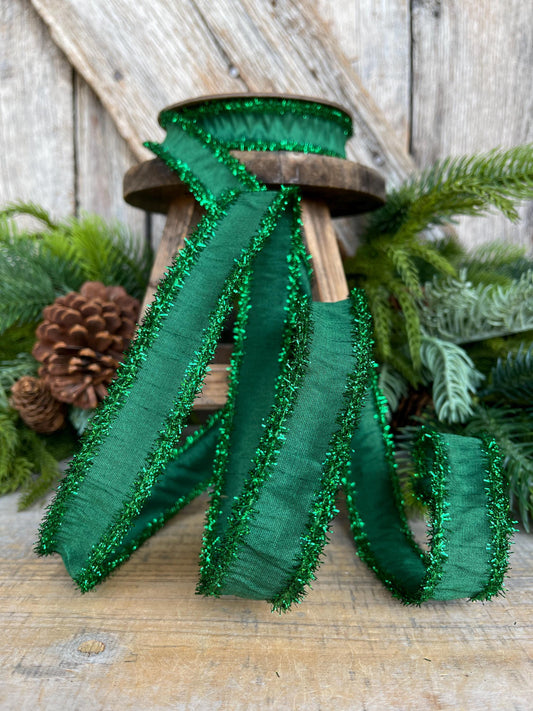 1" Emerald Green Tinsel Ribbon, Christmas Ribbon, Green Ribbon, Tinsel Ribbon, Green Wired Ribbon