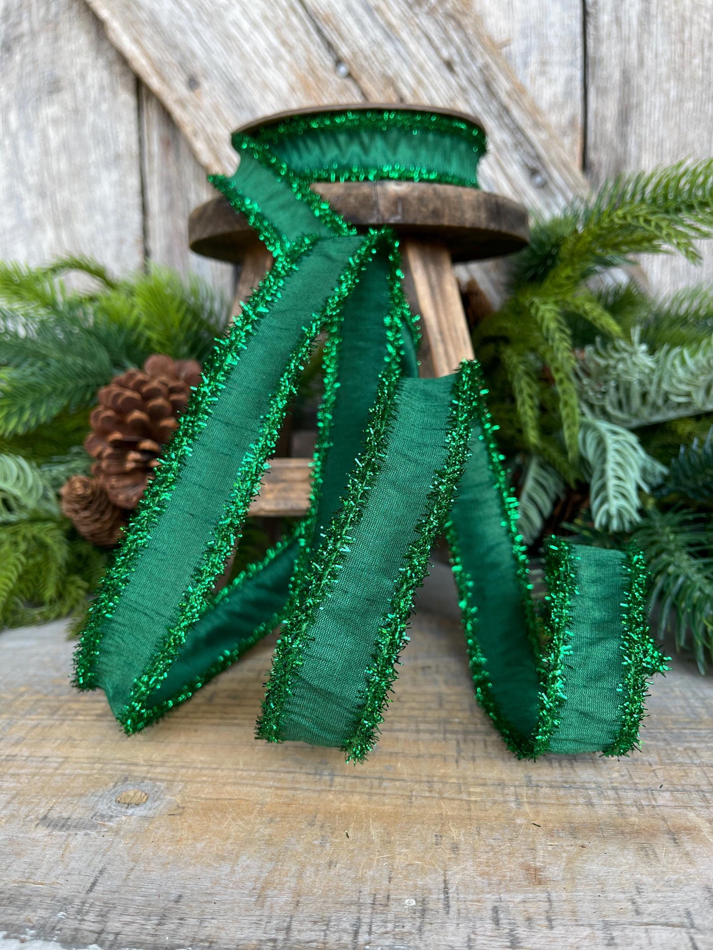1" Emerald Green Tinsel Ribbon, Christmas Ribbon, Green Ribbon, Tinsel Ribbon, Green Wired Ribbon