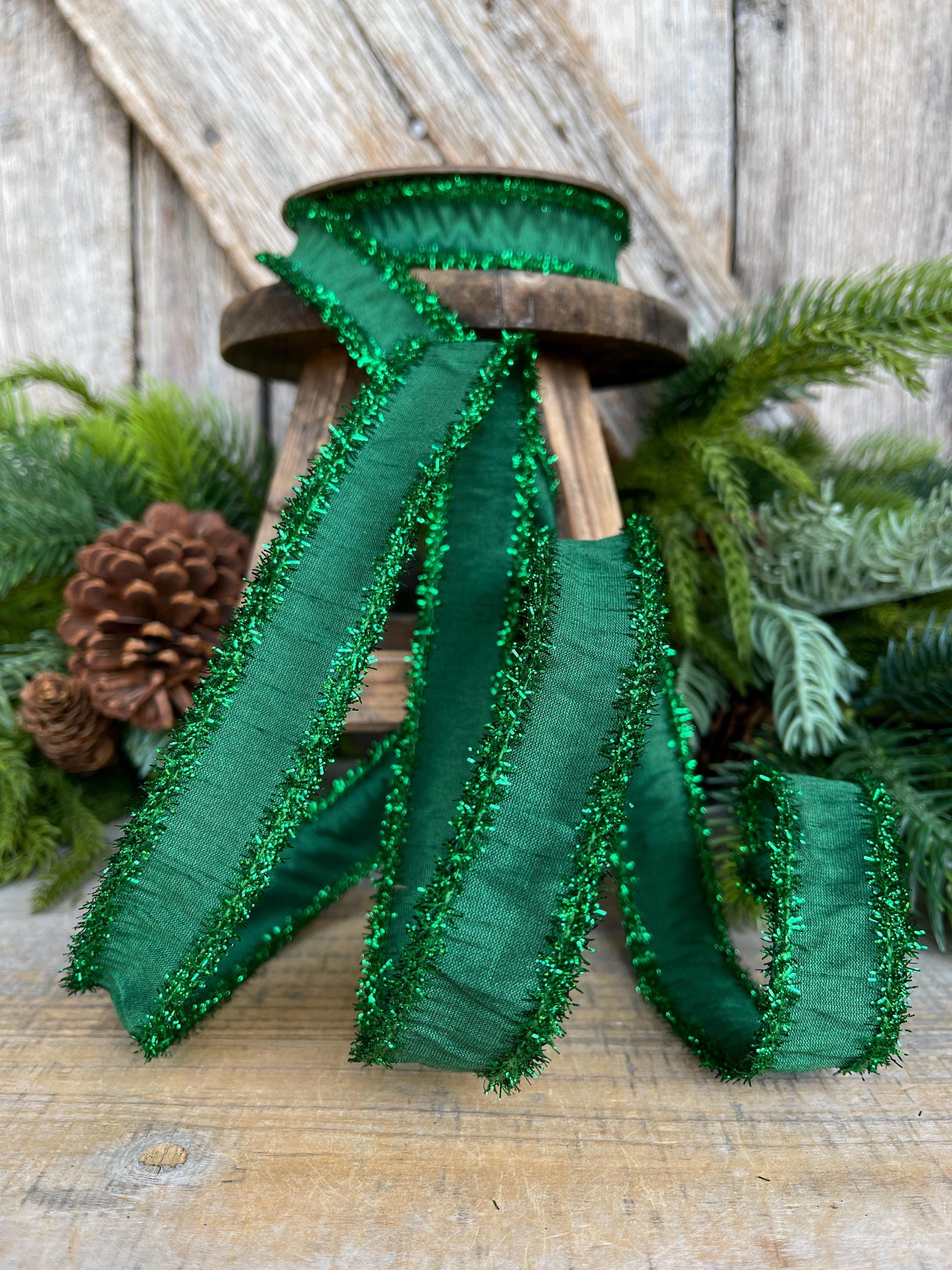 1" Emerald Green Tinsel Ribbon, Christmas Ribbon, Green Ribbon, Tinsel Ribbon, Green Wired Ribbon
