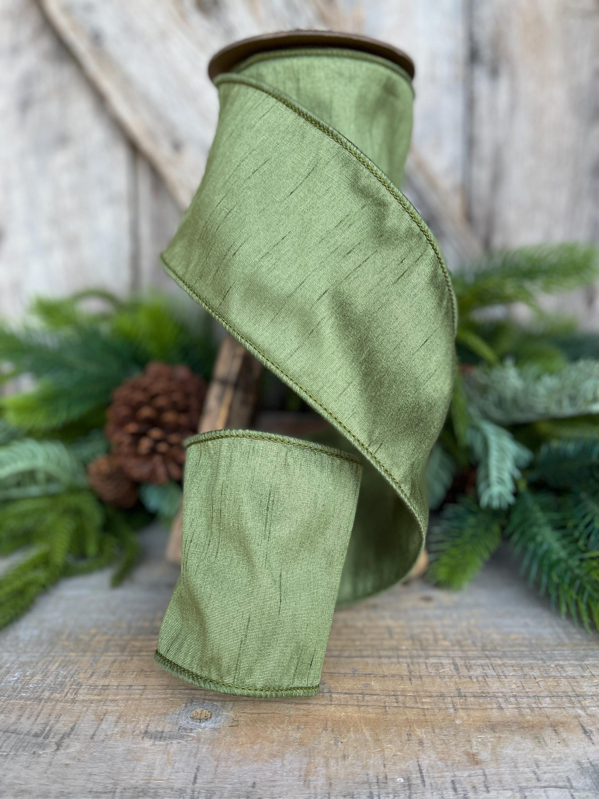 4" Dark Moss Green Ribbon, Wired RIbbon, Olive Green Ribbon, Christmas Ribbon, Wide Ribbon