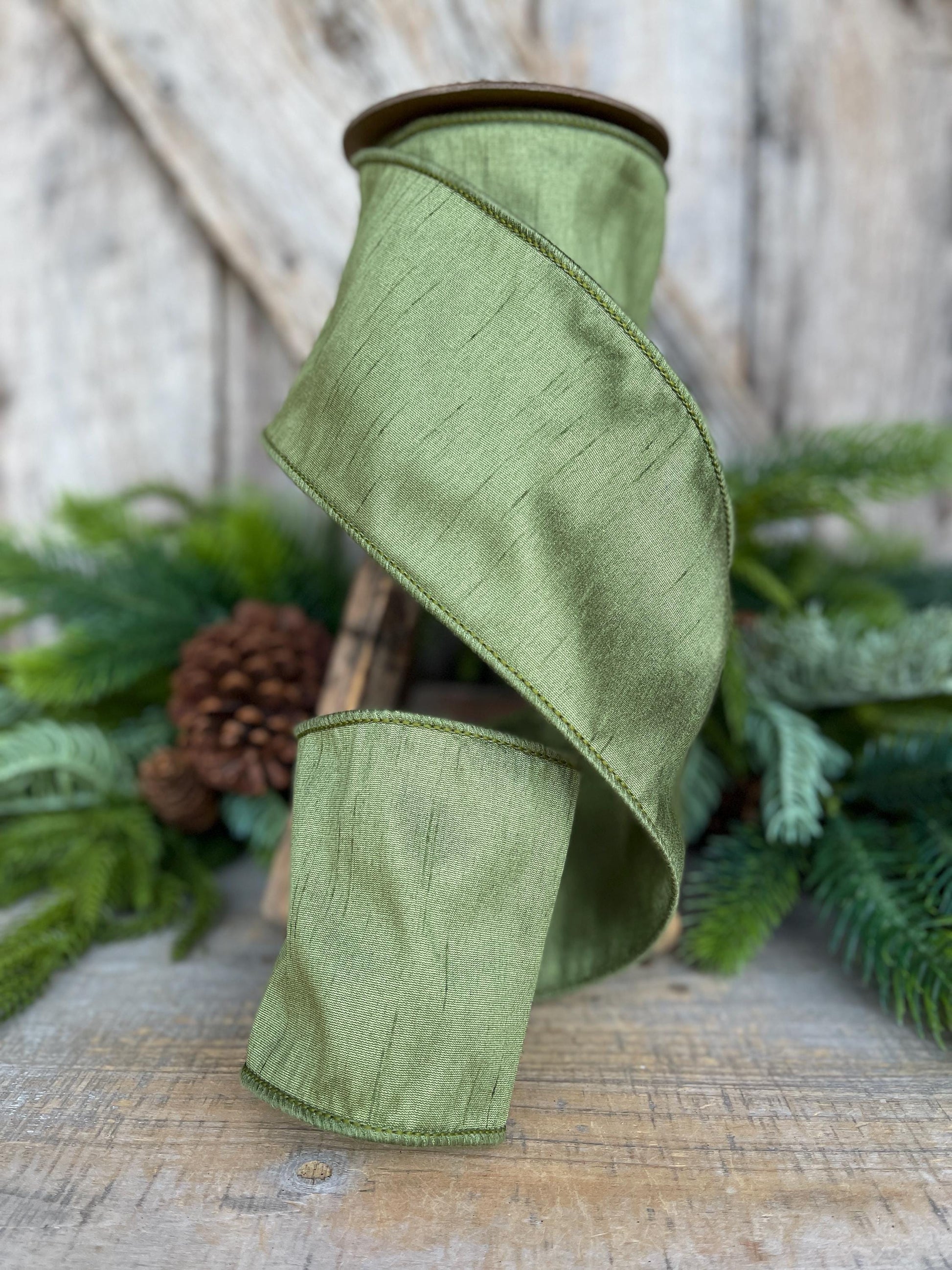 4" Dark Moss Green Ribbon, Wired RIbbon, Olive Green Ribbon, Christmas Ribbon, Wide Ribbon