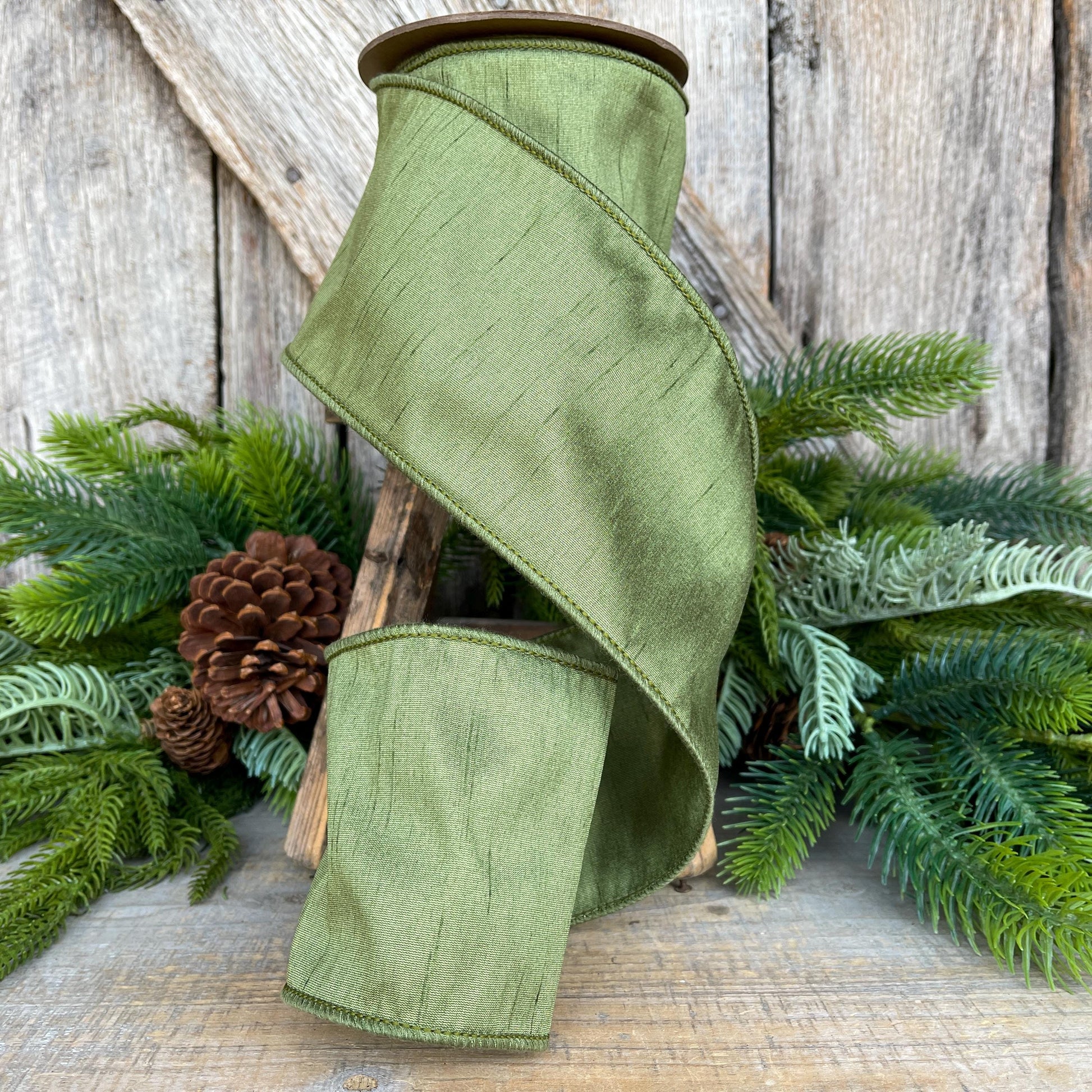 4" Dark Moss Green Ribbon, Wired RIbbon, Olive Green Ribbon, Christmas Ribbon, Wide Ribbon