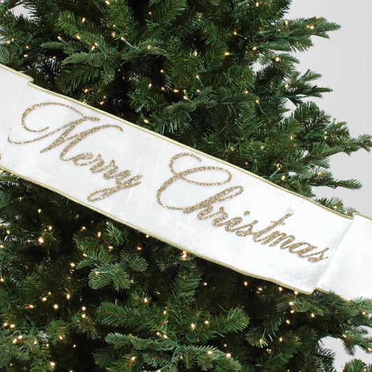 Merry Christmas Banner, Christmas Tree Banner, White Velvet Banner for Tree