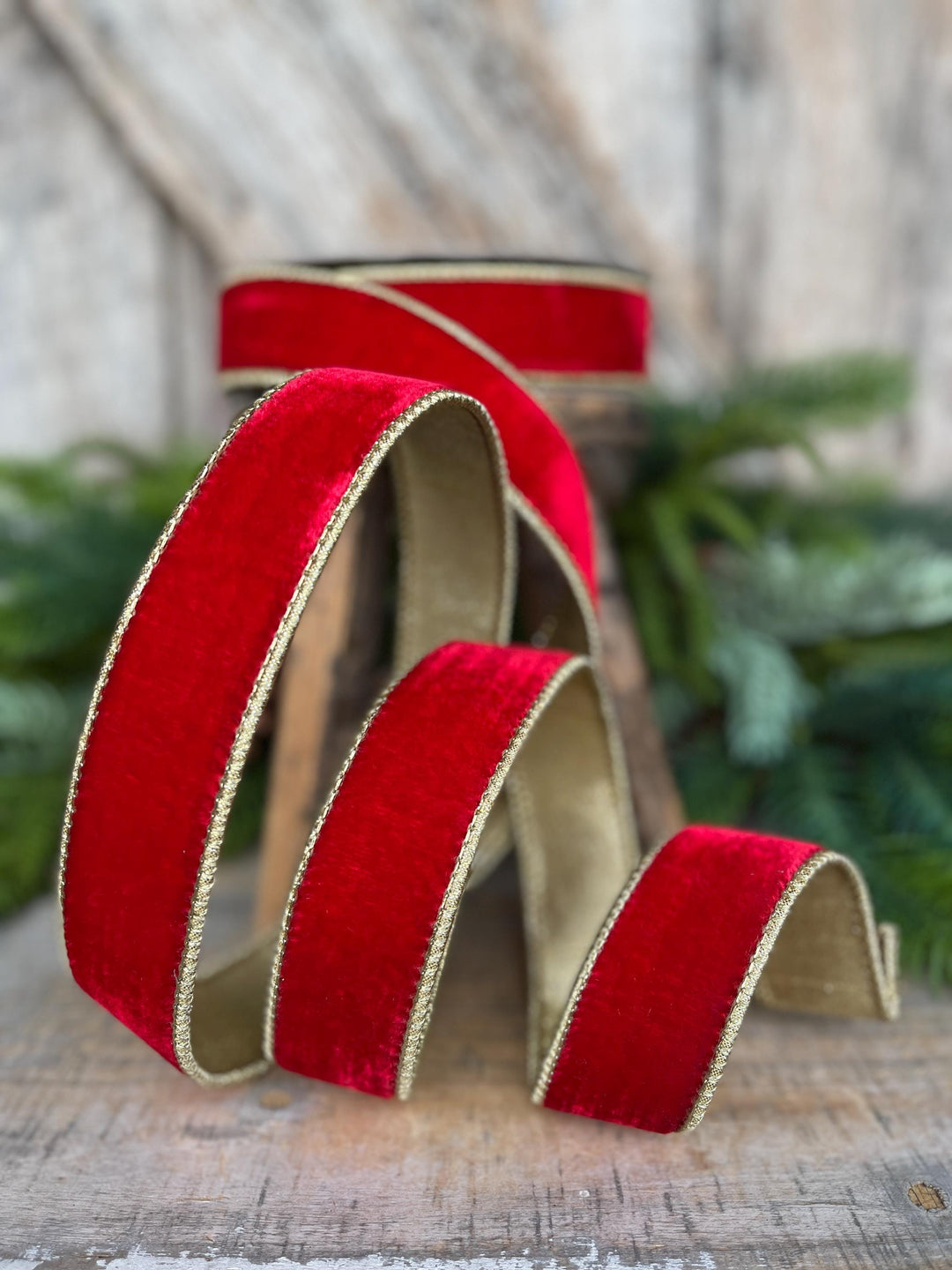 Red &amp; Gold Velvet Wired Ribbon: 1.5" Farrisilk Christmas Ribbon