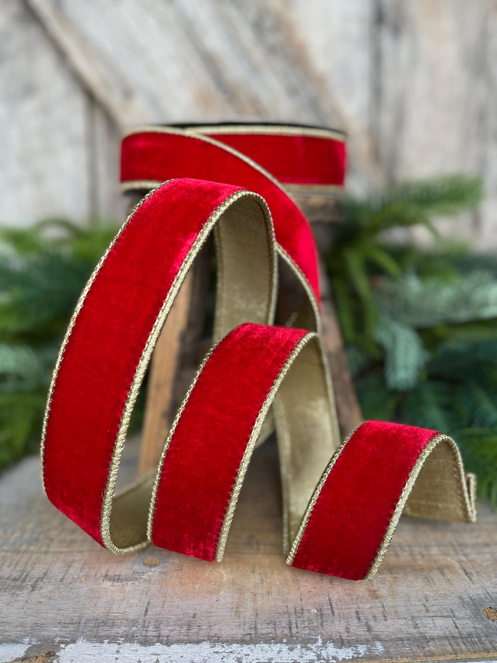 Red &amp; Gold Velvet Wired Ribbon: 1.5" Farrisilk Christmas Ribbon