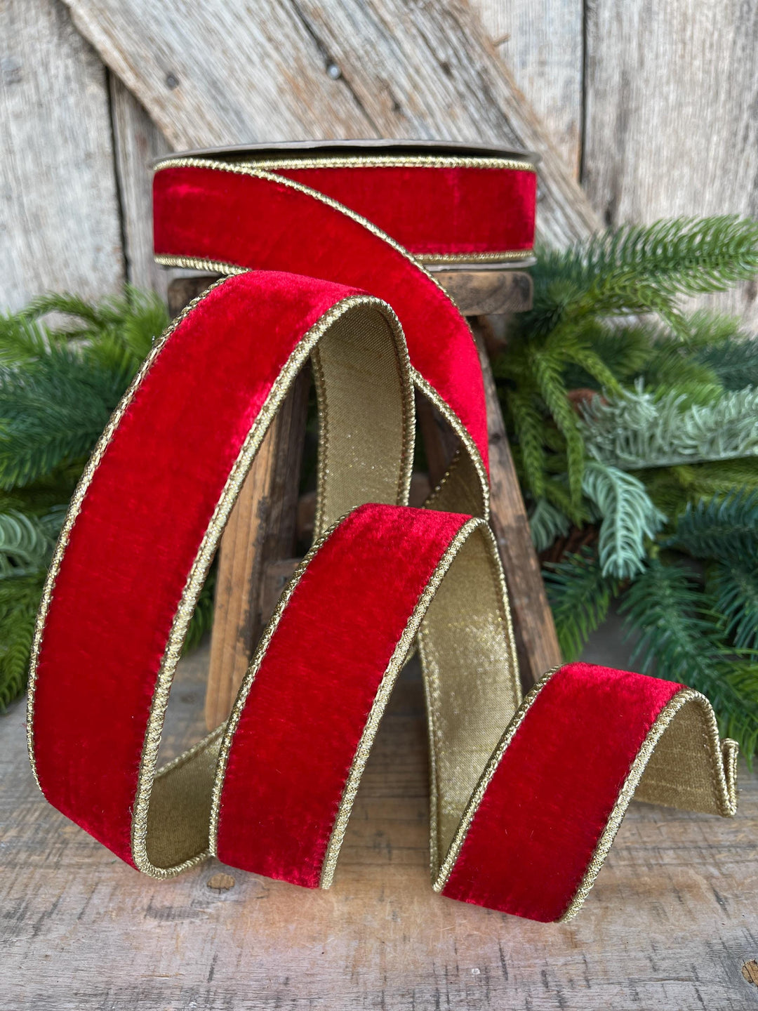 Red &amp; Gold Velvet Wired Ribbon: 1.5" Farrisilk Christmas Ribbon
