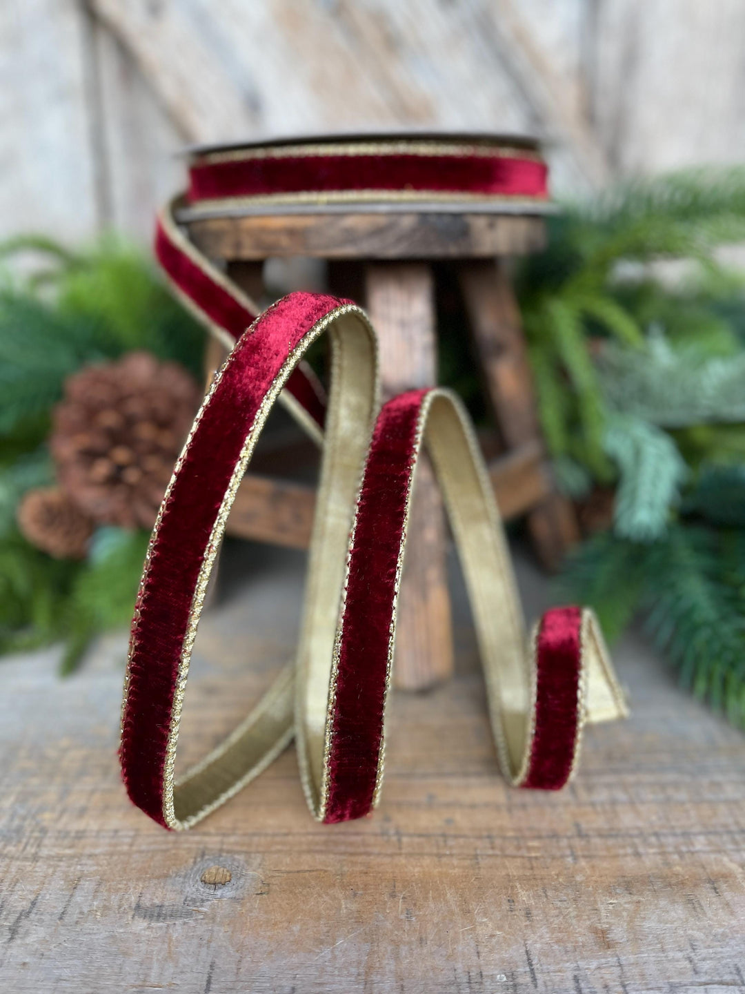 Burgundy Velvet Ribbon: 3/4" Gold Backed, 10 Yards - Farrisilk
