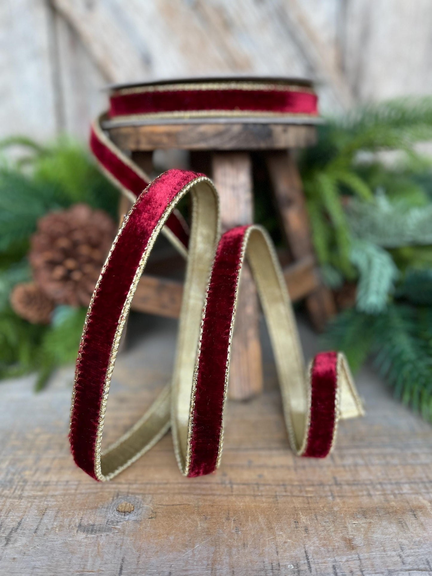 3/4” Burgundy Flashy Velvet Ribbon, Farrisilk ribbon, Burgundy & Gold Velvet Ribbon, Christmas Ribbon