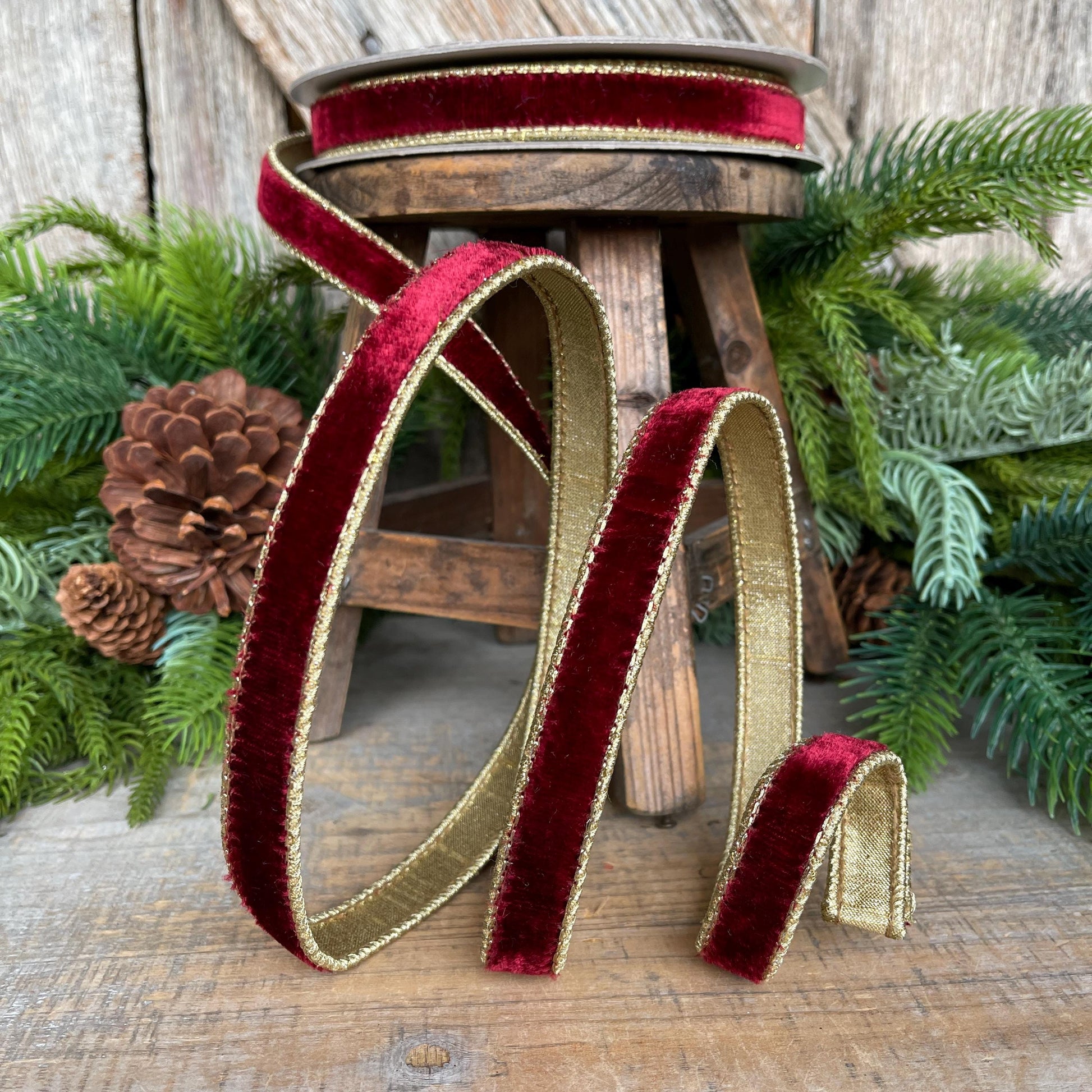 3/4” Burgundy Flashy Velvet Ribbon, Farrisilk ribbon, Burgundy & Gold Velvet Ribbon, Christmas Ribbon