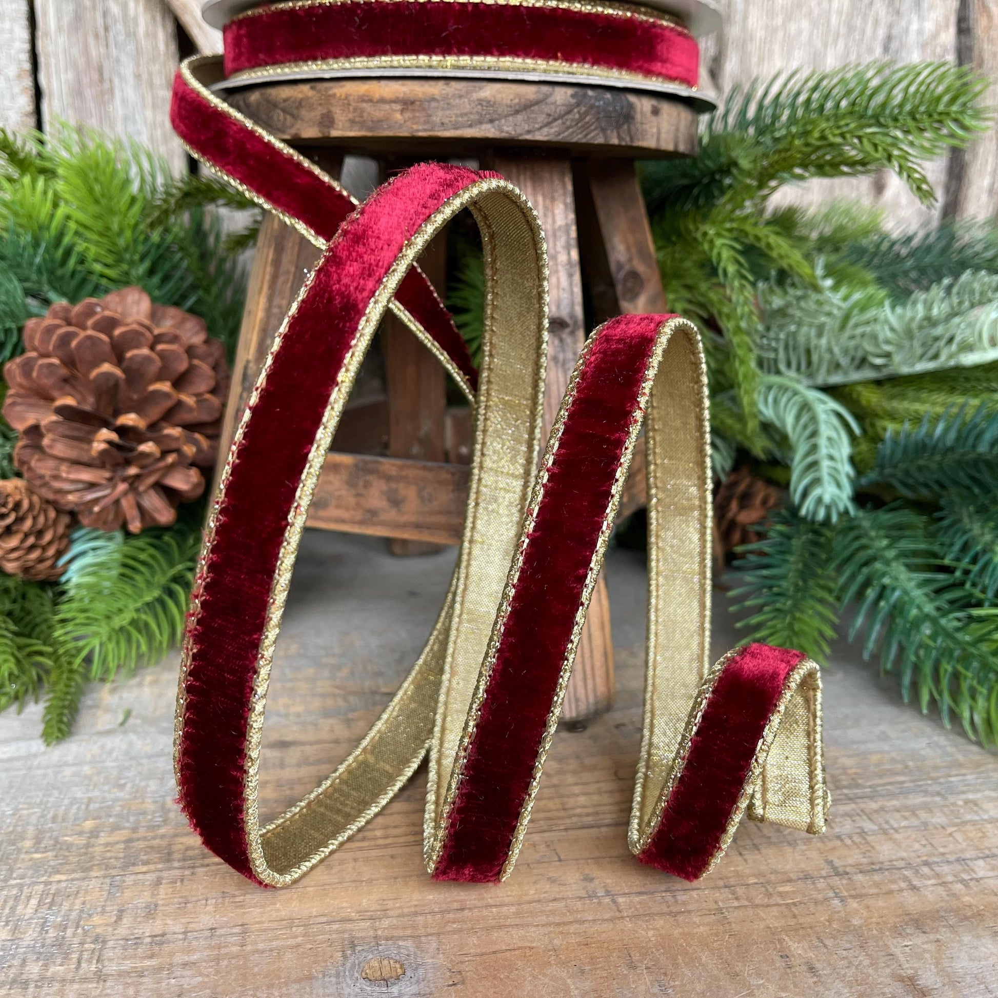 3/4” Burgundy Flashy Velvet Ribbon, Farrisilk ribbon, Burgundy & Gold Velvet Ribbon, Christmas Ribbon