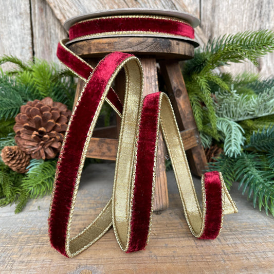 3/4” Burgundy Flashy Velvet Ribbon, Farrisilk ribbon, Burgundy & Gold Velvet Ribbon, Christmas Ribbon