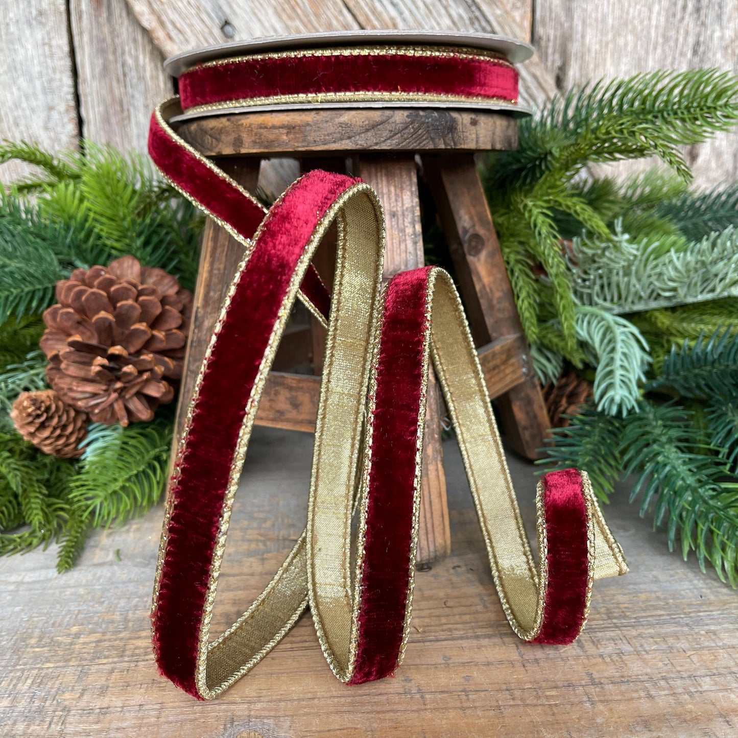 3/4” Burgundy Flashy Velvet Ribbon, Farrisilk ribbon, Burgundy & Gold Velvet Ribbon, Christmas Ribbon