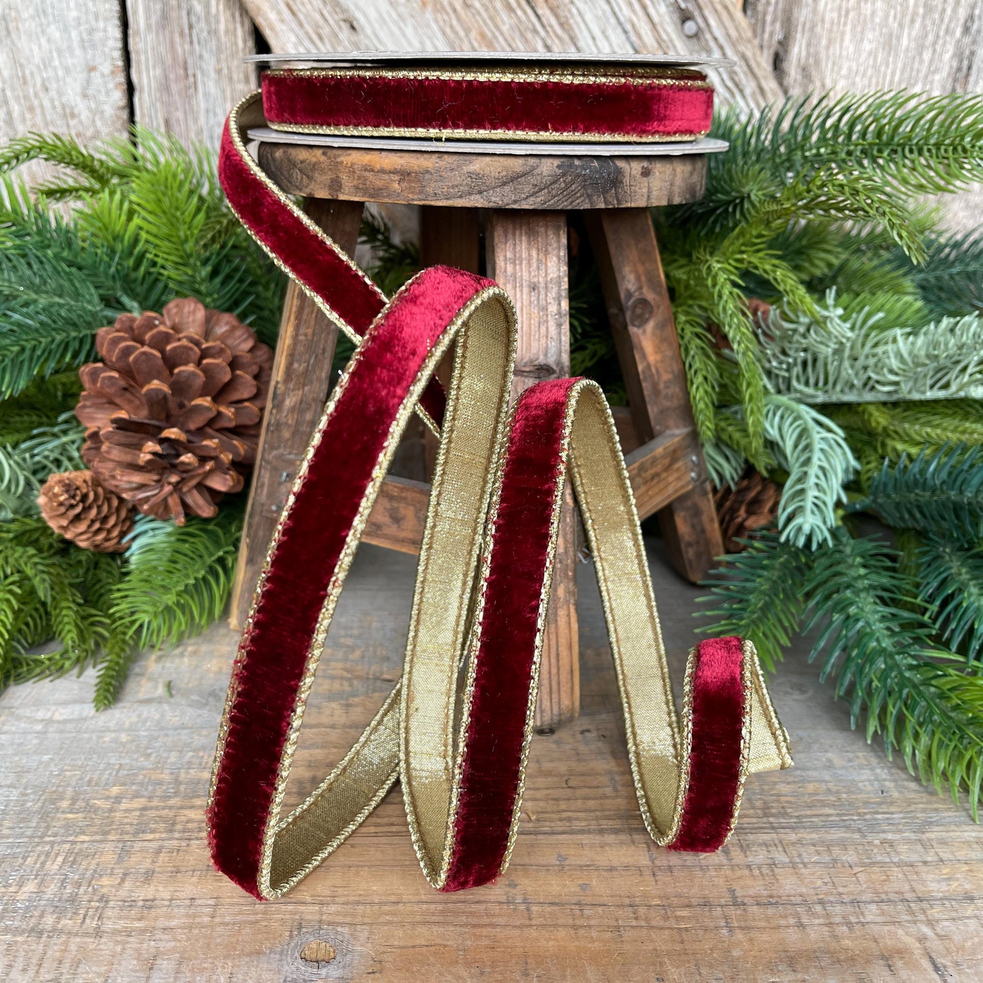 3/4” Burgundy Flashy Velvet Ribbon, Farrisilk ribbon, Burgundy & Gold Velvet Ribbon, Christmas Ribbon