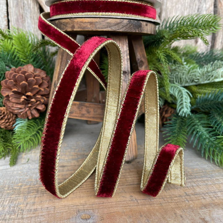 Burgundy Velvet Ribbon: 3/4" Gold Backed, 10 Yards - Farrisilk