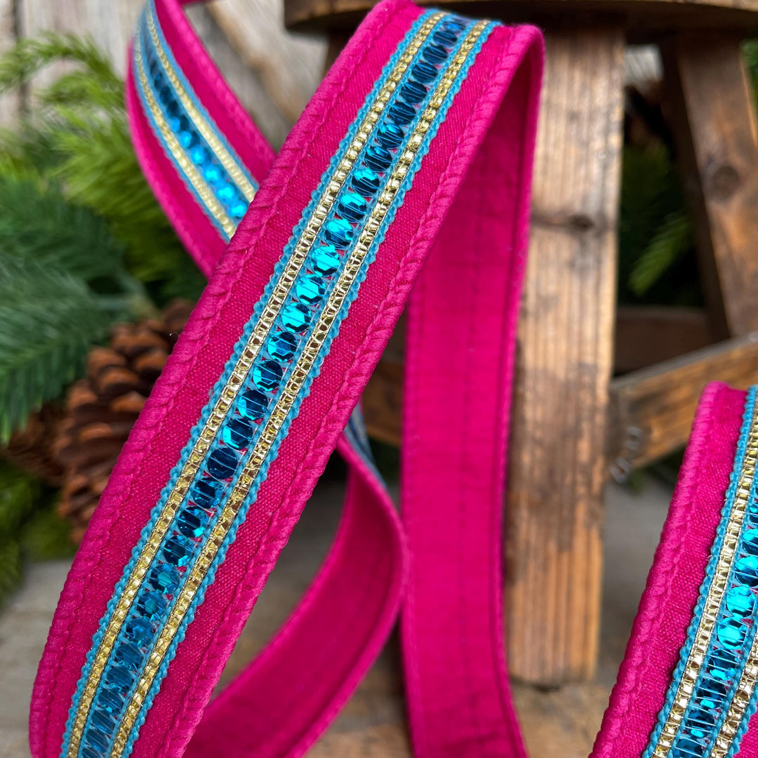 1" Hot Pink Blue Twinkle Trim Ribbon, Farrisilk ribbon, Pink Jeweled RIbbon