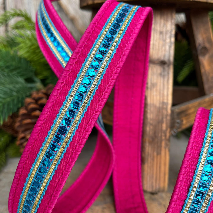 1" Hot Pink Blue Twinkle Trim Ribbon, Farrisilk ribbon, Pink Jeweled RIbbon