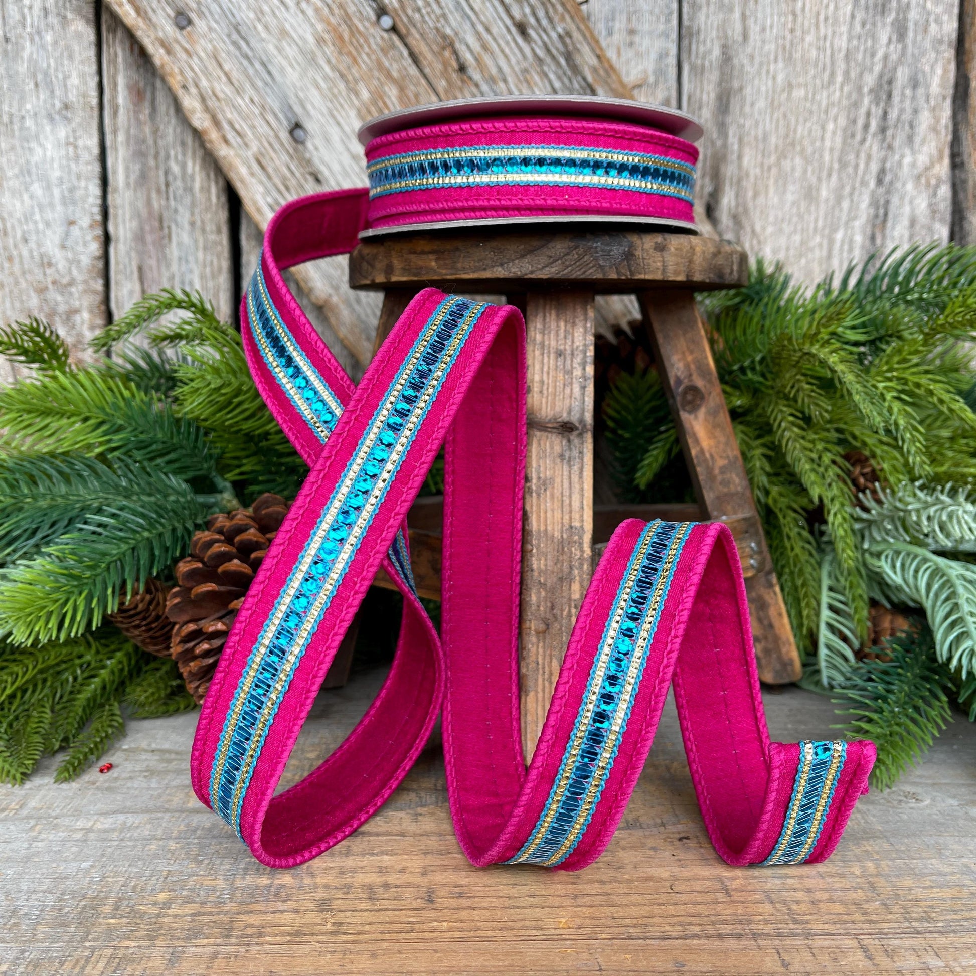 1" Hot Pink Blue Twinkle Trim Ribbon, Farrisilk ribbon, Pink Jeweled RIbbon