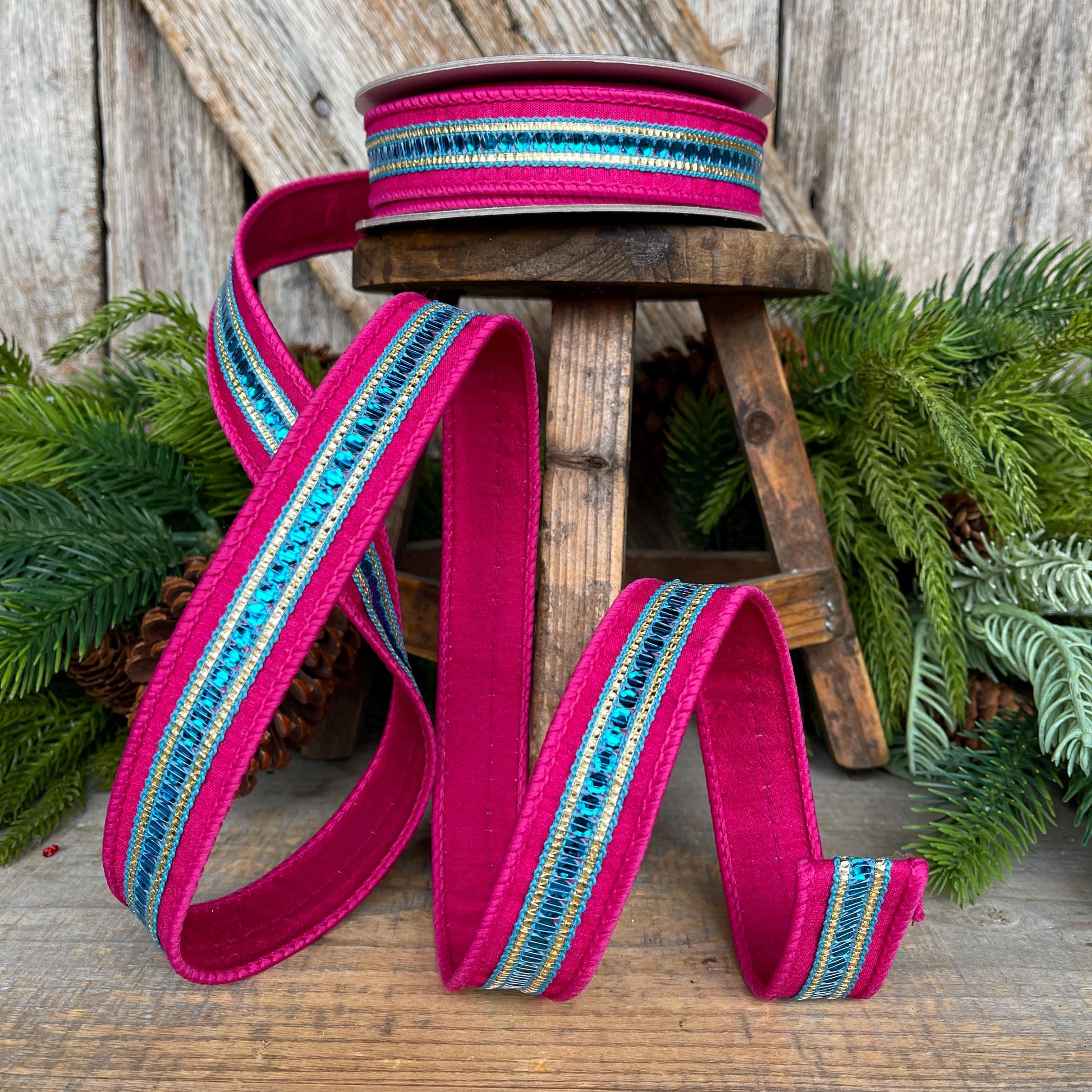 1" Hot Pink Blue Twinkle Trim Ribbon, Farrisilk ribbon, Pink Jeweled RIbbon