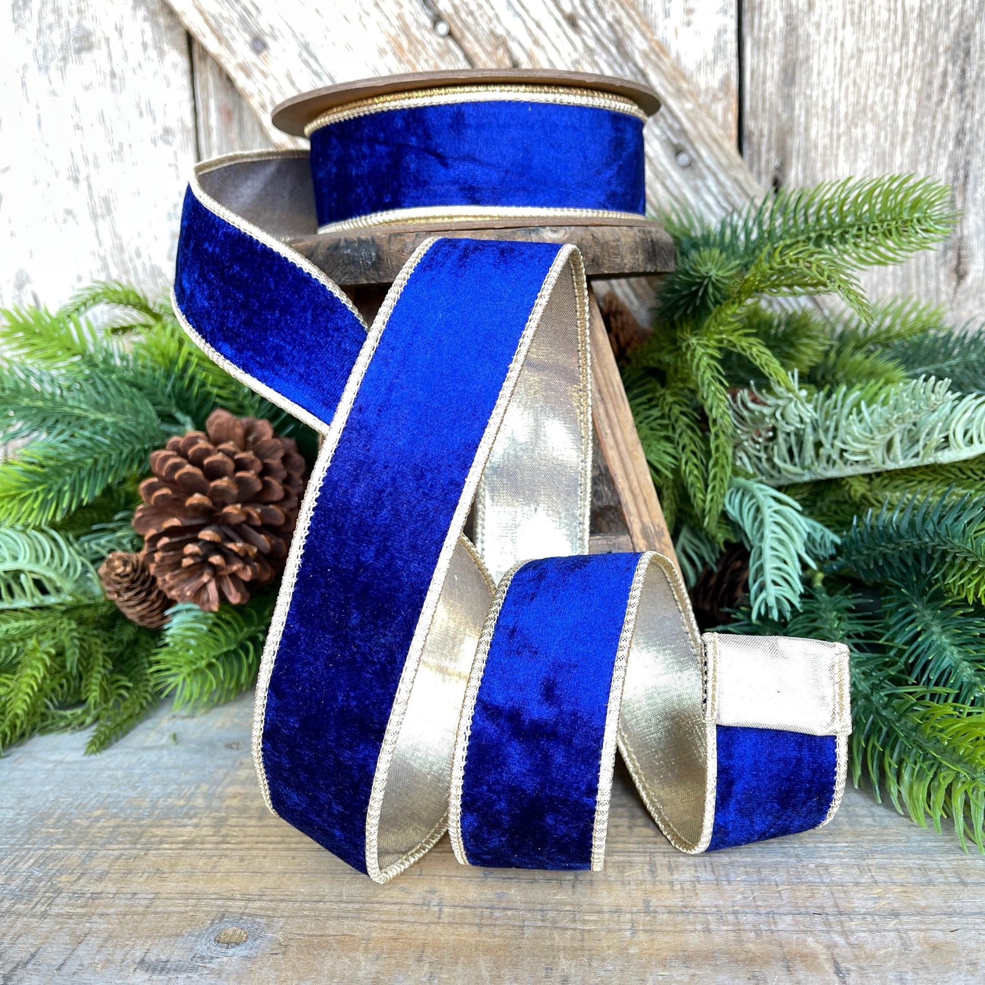 1.5" Cobalt Blue Velvet Ribbon, Royal Blue Velvet Ribbon, Blue and Gold Velvet Ribbon, Blue Christmas Ribbon, Wired Ribbon