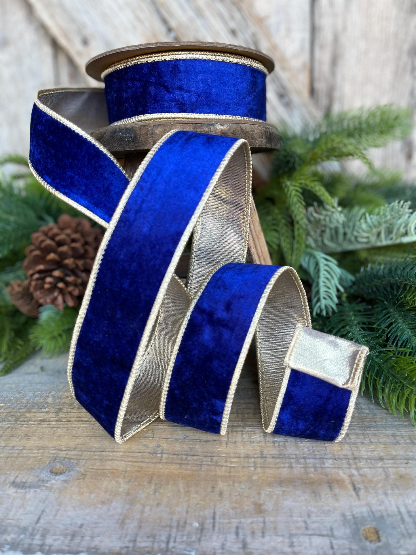 1.5" Cobalt Blue Velvet Ribbon, Royal Blue Velvet Ribbon, Blue and Gold Velvet Ribbon, Blue Christmas Ribbon, Wired Ribbon