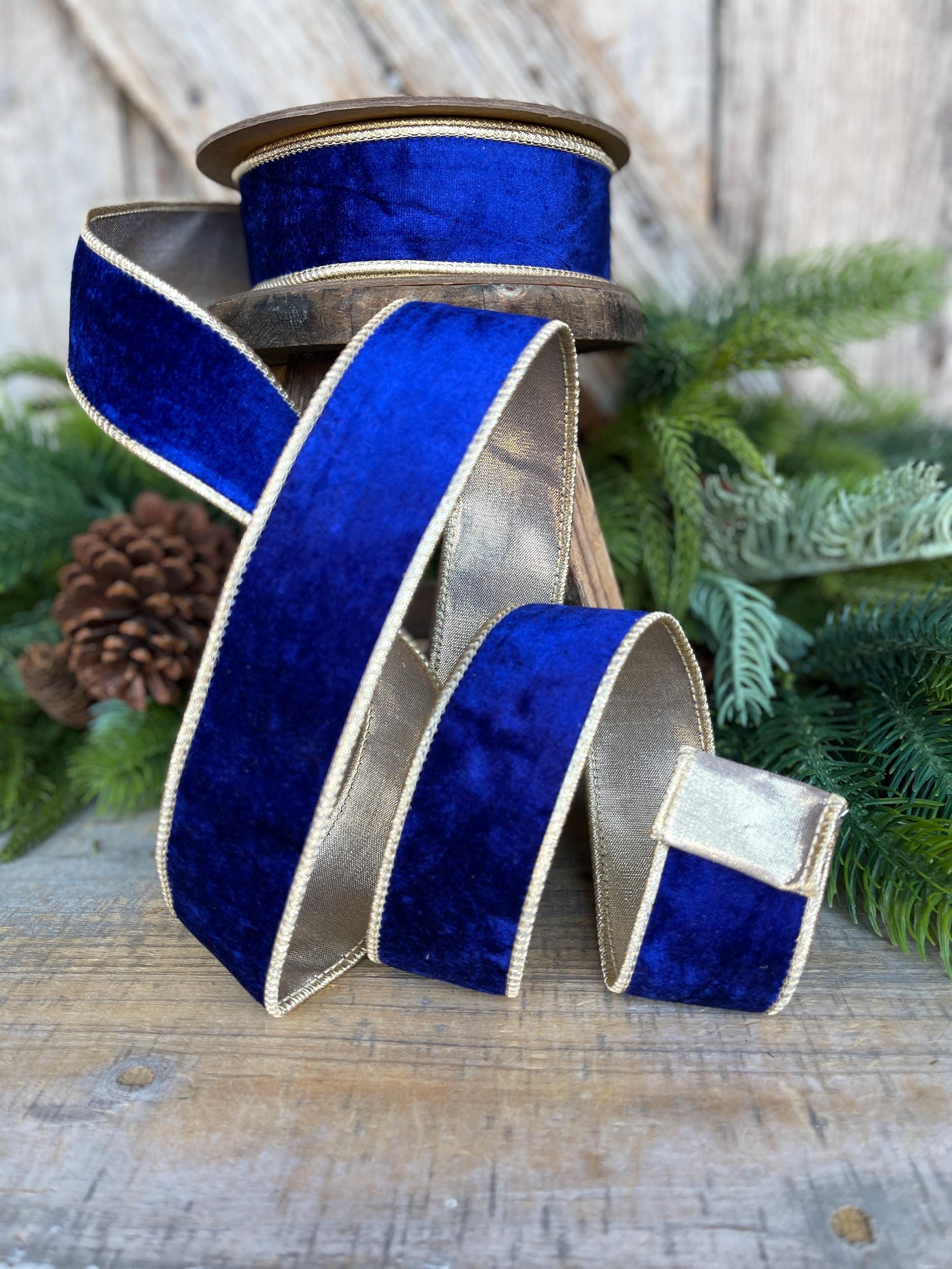 1.5" Cobalt Blue Velvet Ribbon, Royal Blue Velvet Ribbon, Blue and Gold Velvet Ribbon, Blue Christmas Ribbon, Wired Ribbon
